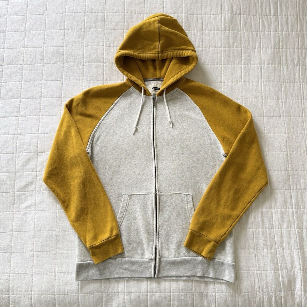 Old Navy Men’s Color-Blocked Logo Raglan Hoodie Light Gray Yellow Sz L